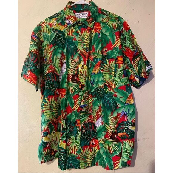 XL Key West Hand Print Fashions Key West Camouflage Parrot Shirt Vintage Mens Bu - Picture 1 of 15